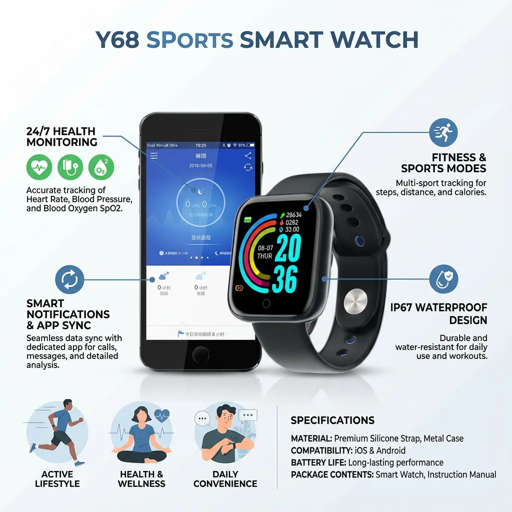 Y68 Sports Smart Watch Heart Rate Blood Pressure Oxygen Bracelet