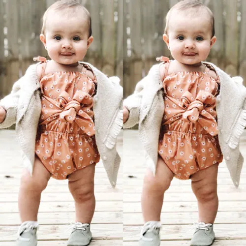 Baby Girl Strap Romper, Bowknot Floral Printed Lace Up Jumpsuits