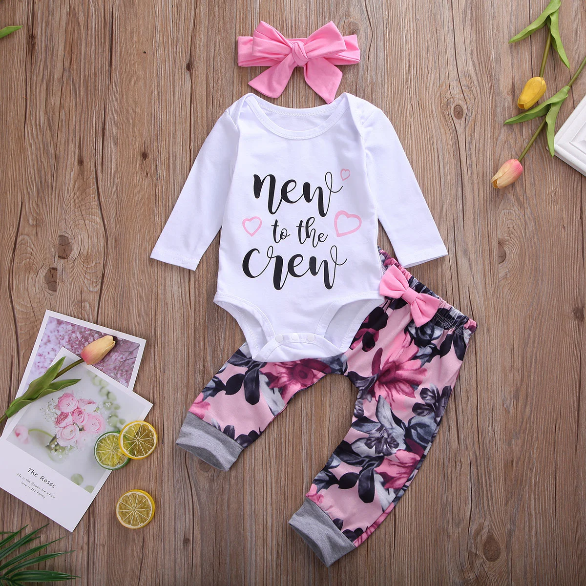 3 Pcs Baby's Casual Suit, Letter Print Romper, Flower Trousers, Bow Headband