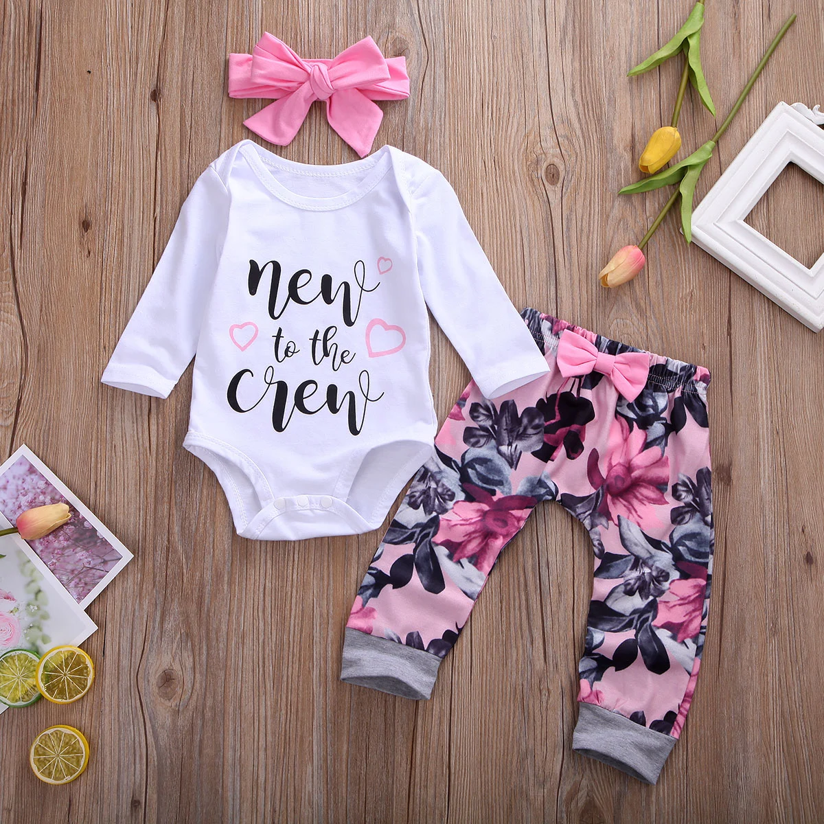 3 Pcs Baby's Casual Suit, Letter Print Romper, Flower Trousers, Bow Headband
