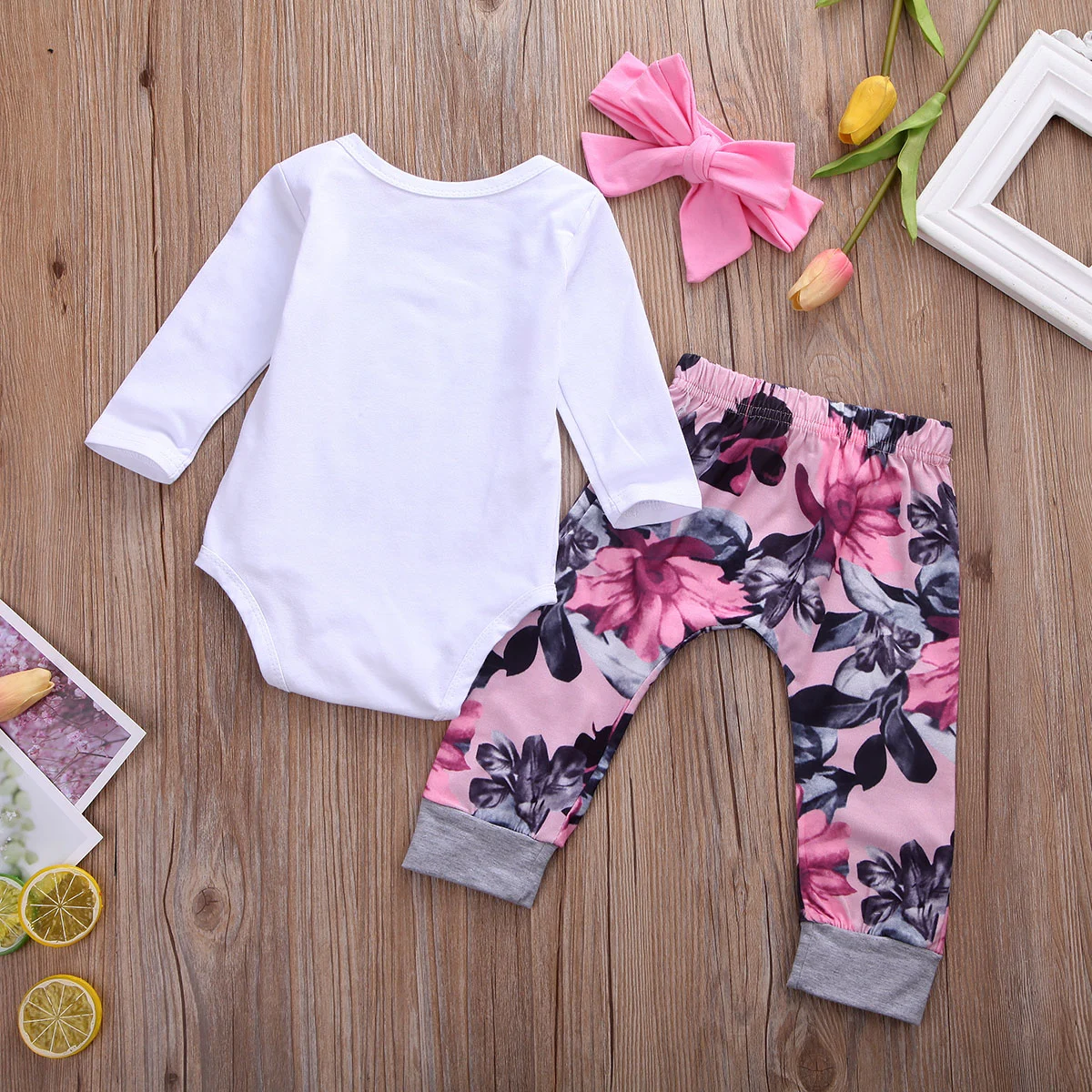3 Pcs Baby's Casual Suit, Letter Print Romper, Flower Trousers, Bow Headband