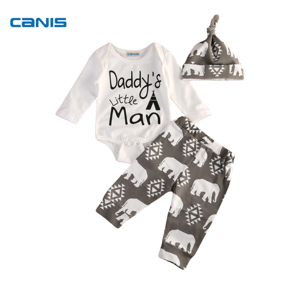 Boy's White Long Sleeve Letter Romper + Elephant Print Pants + Hat