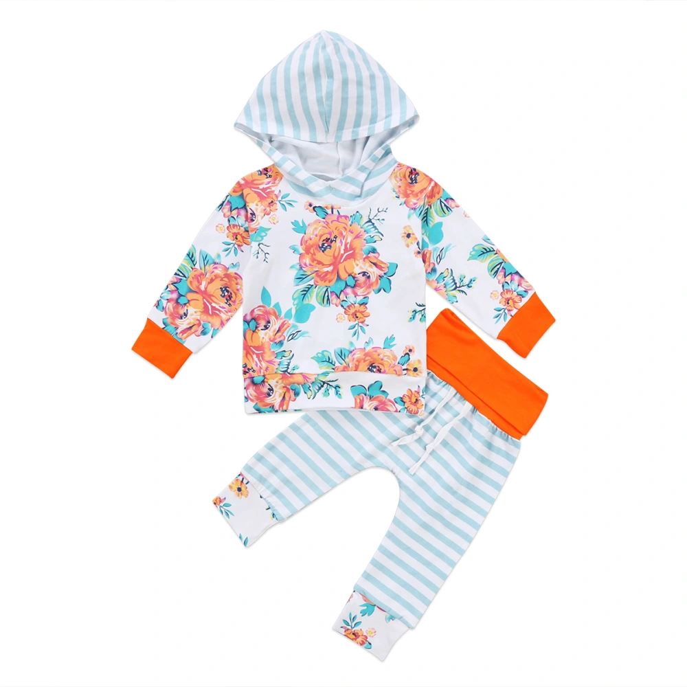 Baby's Long Sleeve Hooded Tops with Striped High Waist Long Pants