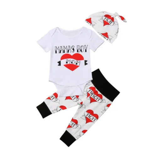 Boy's Short Sleeve Bodysuit with Heart Printed Long Pants and Hat