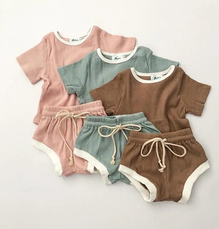 Newborn Baby Summer Clothes Set Short Sleeve Ribbed Knit T-shirt+Shorts