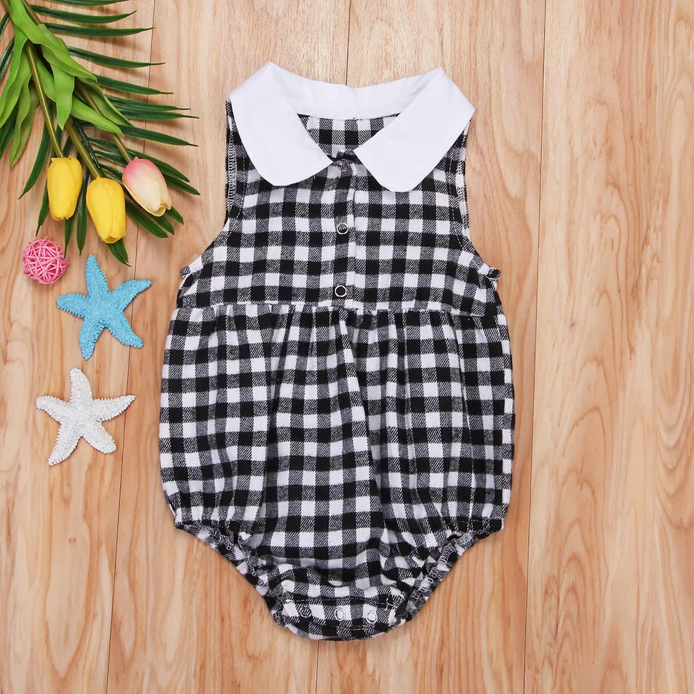 Infant Baby Girls Summer Romper, Sleeveless Plaid Button Bodysuit