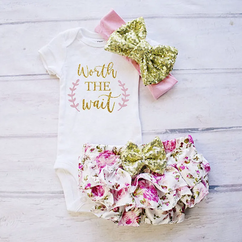 Baby Girls Ruffled Short Sleeve Tops Floral Shorts with Headband