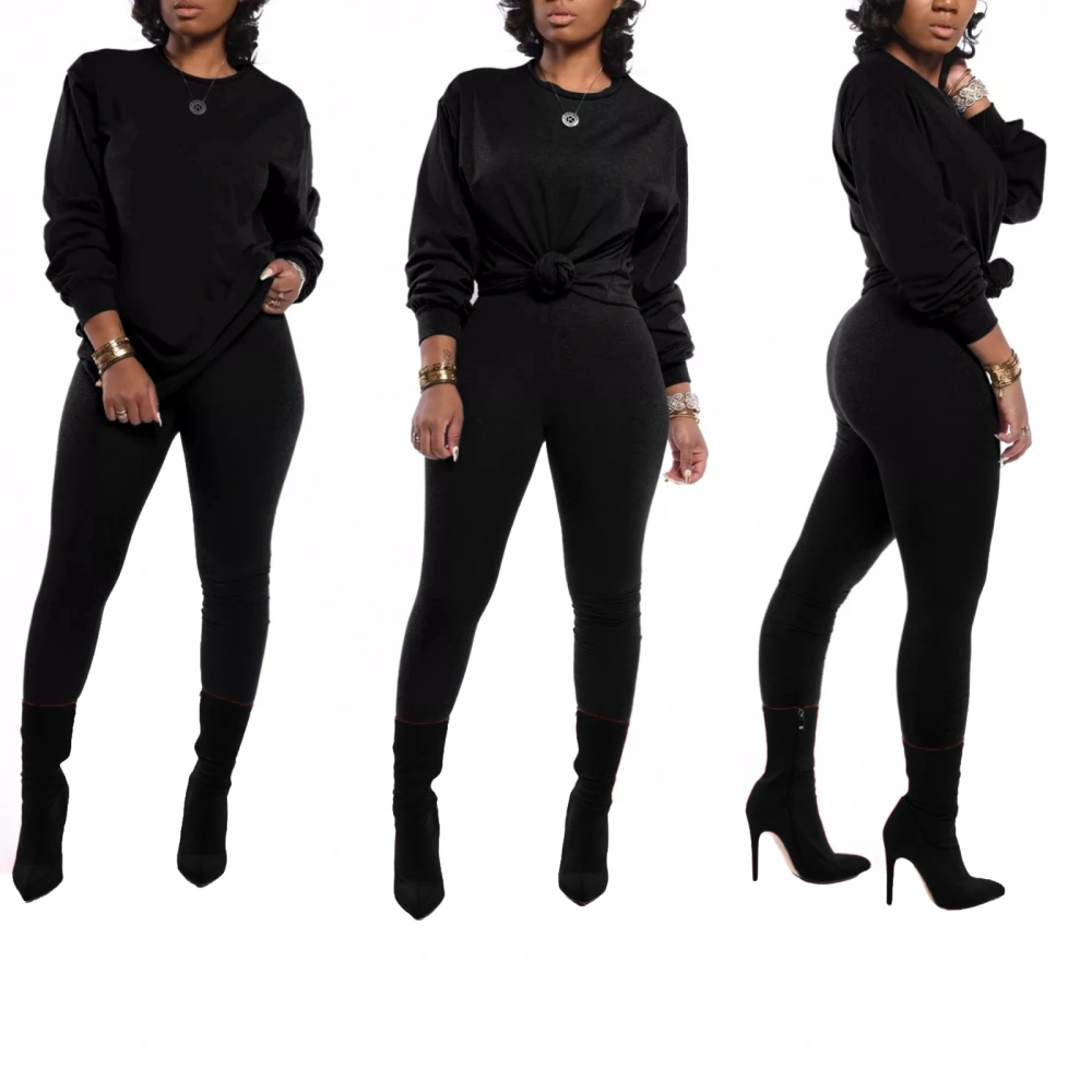 Women’s Long Sleeve Loose Pullover Top and High Waist Trousers