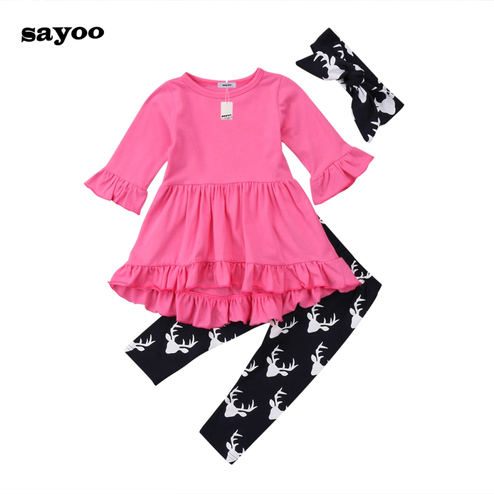 Baby Girl Long Sleeve Dress + Deer Head Print Trousers + Headband