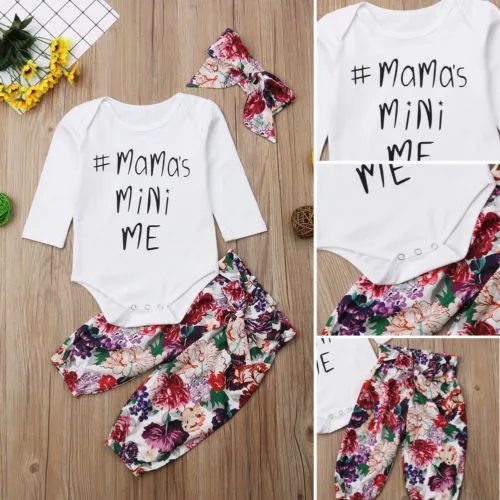 Girl's 3Pcs Romper Set, Long Sleeve Tops with Printed Long Pants and Headband