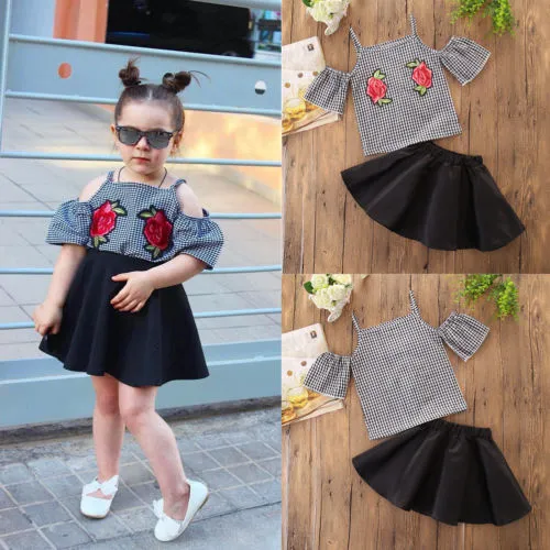 Girl's Embroidery Flower Plaid T-shirt + Black Pleated A-Line Skirt