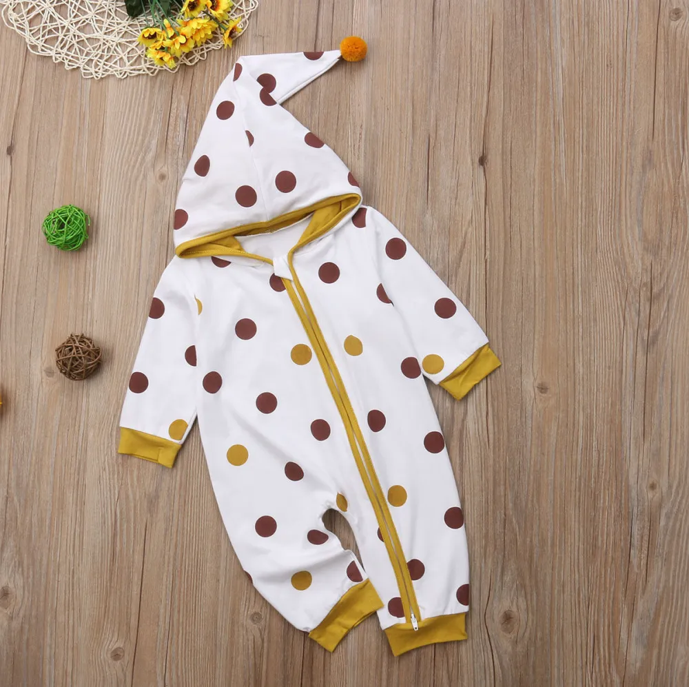 0-24 Months Toddles Zipper Up Dot Hooded Romper for Boys Girls