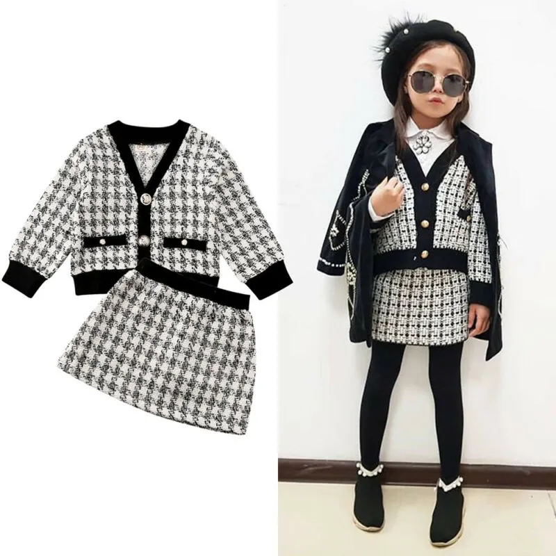 Baby Autumn Outfits, Plaid Long-Sleeves Single-Breasted Blouse + Short Skirt