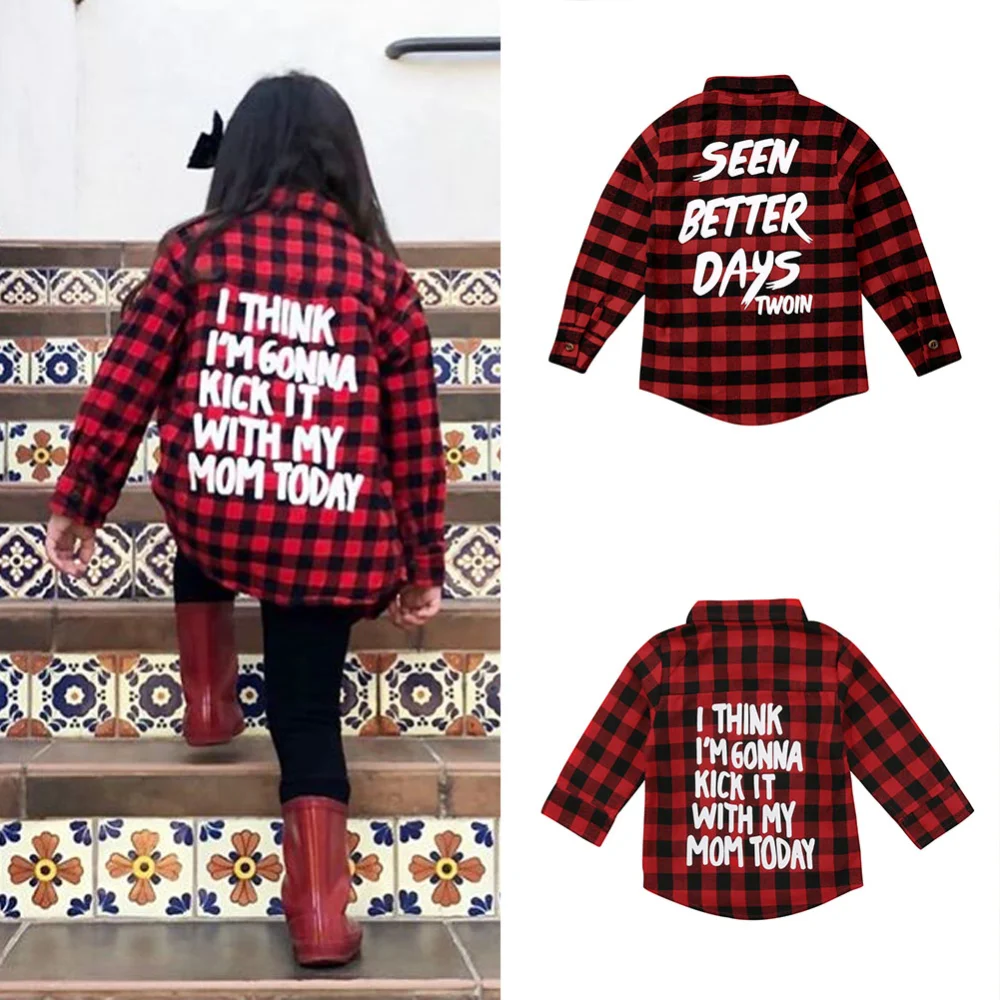 Baby Boys Girls Red Black Plaid Shirt Long Sleeve Letter Print Blouse