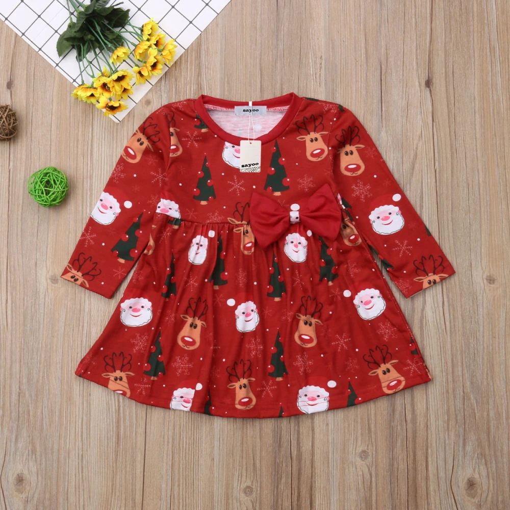 Girls Christmas Dress Long Sleeve Tree Santa Reindeer Print Dress