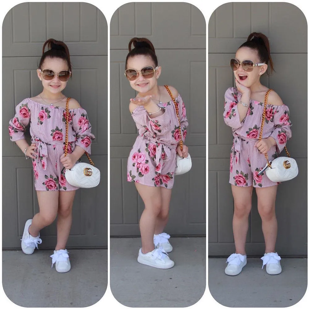 Girls Lovely One Piece Romper Flowers Print Off Shoulder Stylish Bow Jumpsuit