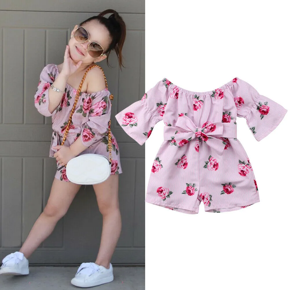 Girls Lovely One Piece Romper Flowers Print Off Shoulder Stylish Bow Jumpsuit
