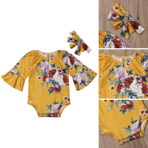 Newborn Girls Romper, Floral Flared Sleeve Triangle Bodysuit+Headband