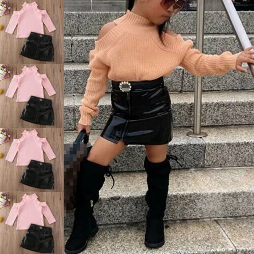 Girls 2Pcs Autumn Outfits, Off-shoulder Sweater Tops + Zipper Skirt