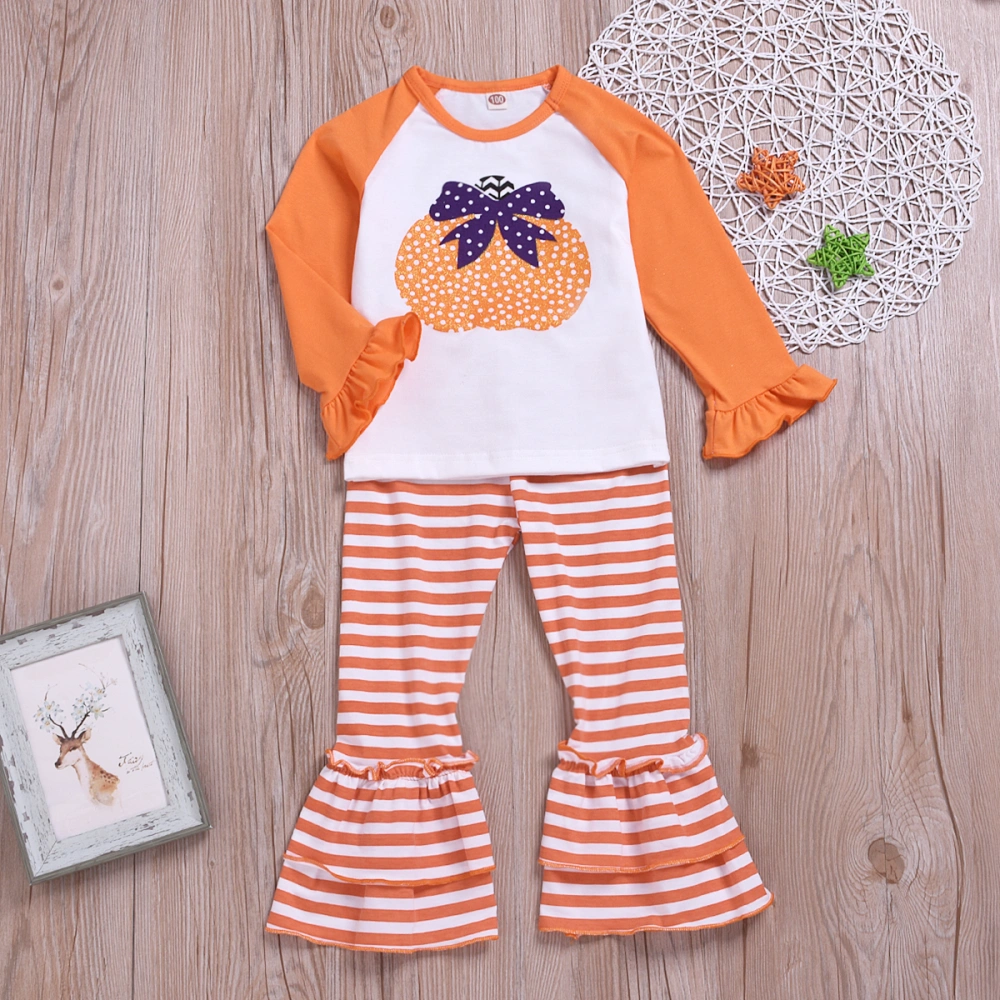 Little Girls 2PCS Outfit Set, Long Sleeve Pumpkin Top, Long Striped Pants Set