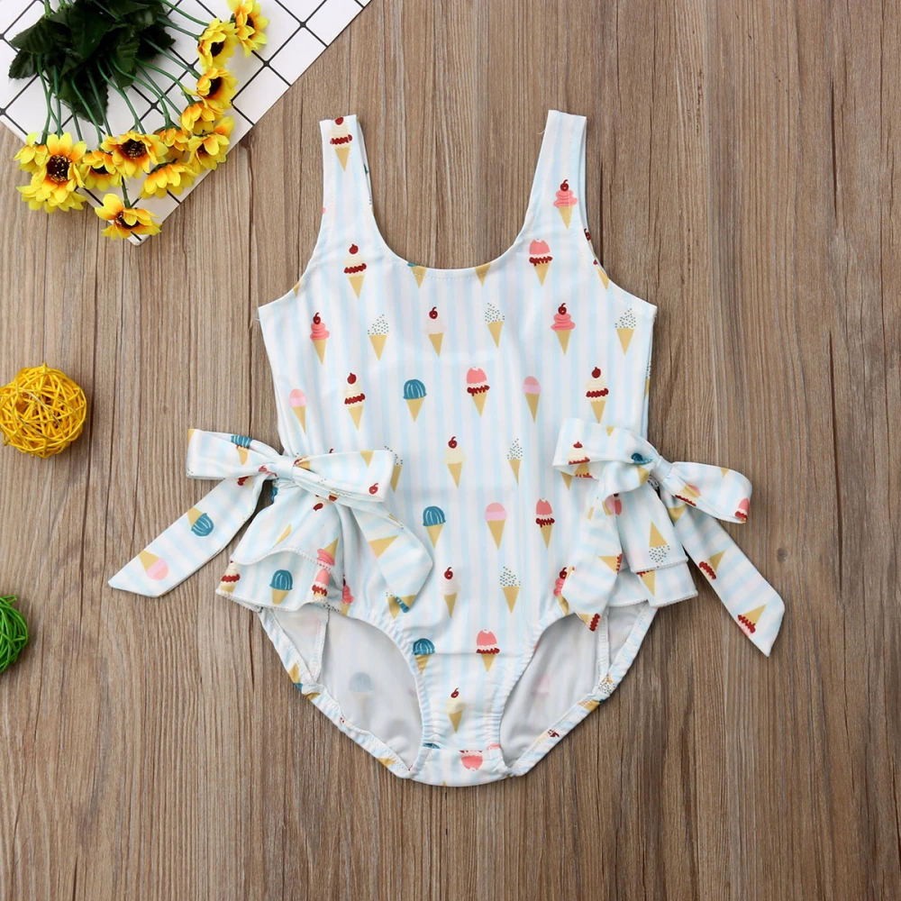 Baby Girls Summer Sleeveless Swimsuit Ice Cream Print Double Bow Ruffle Swimwear