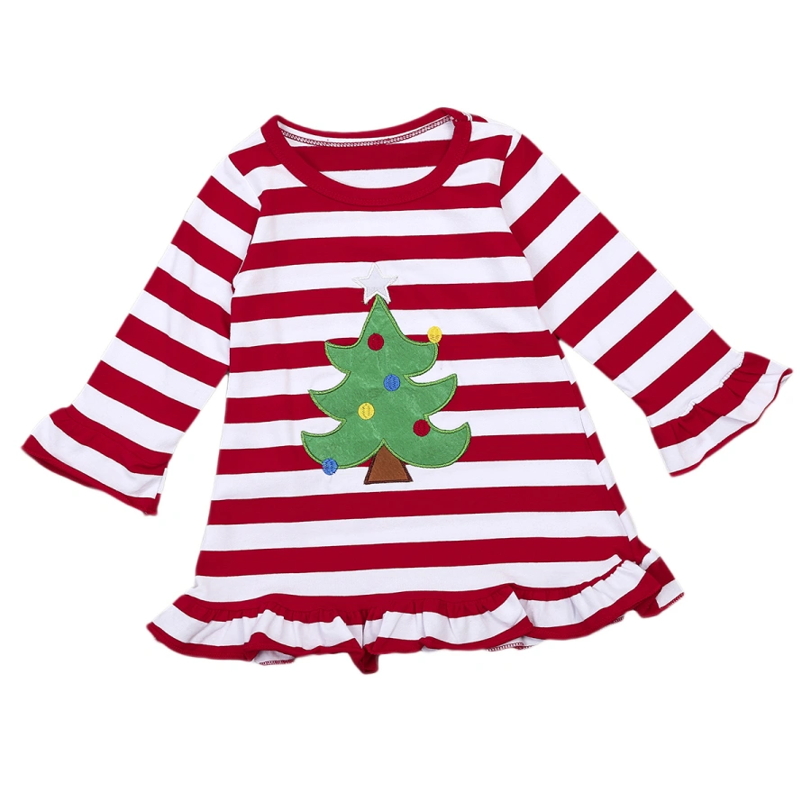 Girls Stripe Ruffle Dress, Long Sleeve Dress, Christmas Tree Print Dress