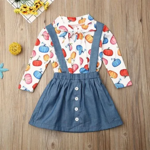 Girl's Long Sleeve Pumpkin Print Tops + Blue Button Suspender Skirt