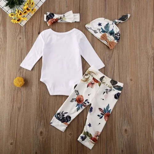 Baby Clothes Set, Letter Print Jumpsuit+Floral Prints Trousers+Headband+Hat