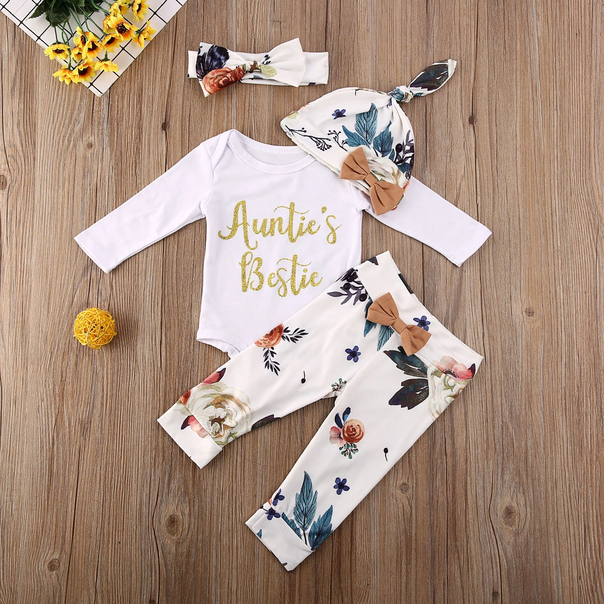 Baby Clothes Set, Letter Print Jumpsuit+Floral Prints Trousers+Headband+Hat