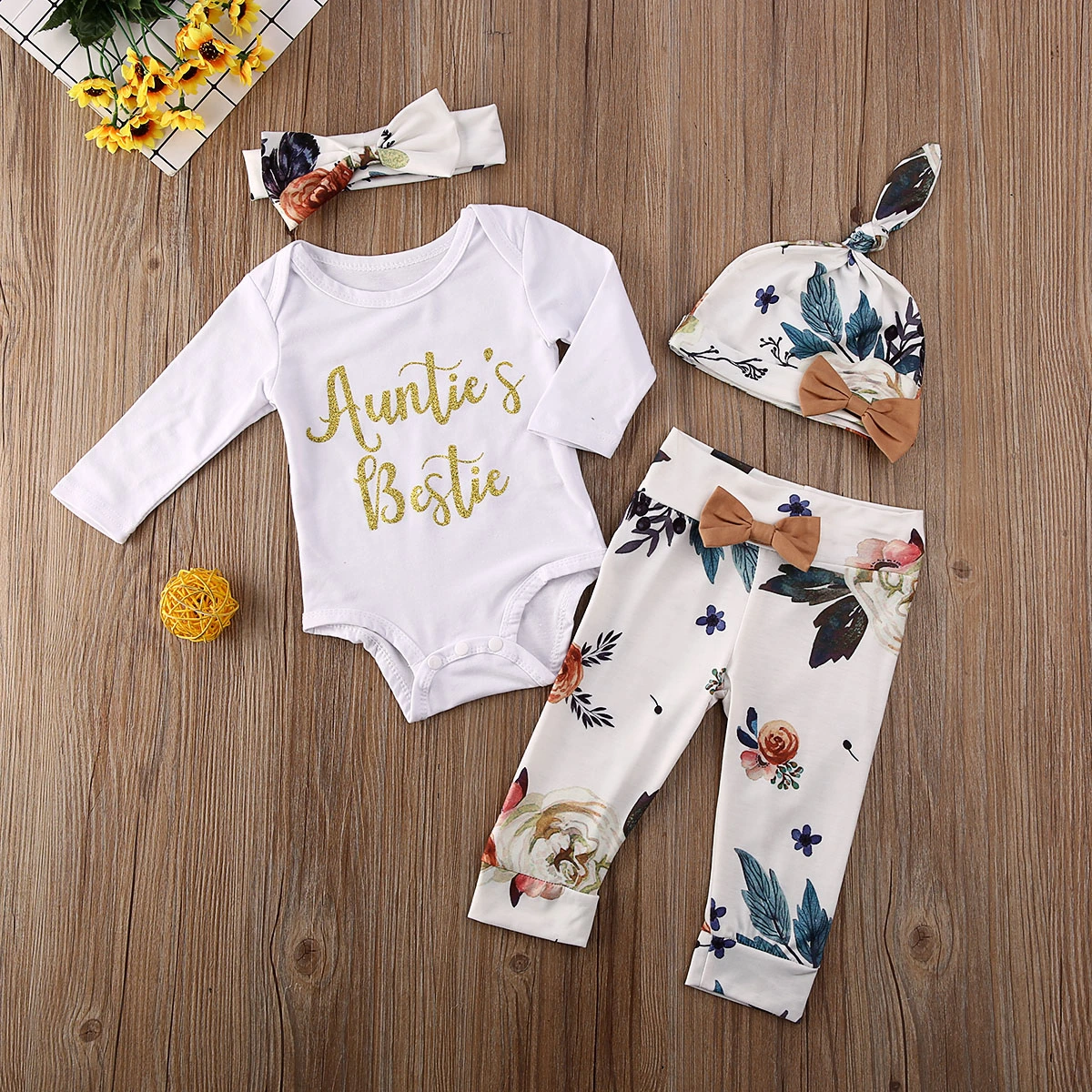 Baby Clothes Set, Letter Print Jumpsuit+Floral Prints Trousers+Headband+Hat