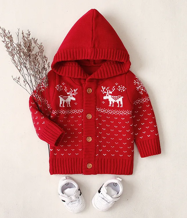 Boy Girl Knit Hooded Outerwear Christmas Elk Printed Long Sleeve Coat