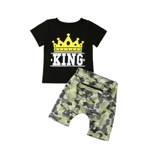 Little Boys 2PCS Pants Suit, Crown & Letter T-Shirt, Short Camouflage Pants Set