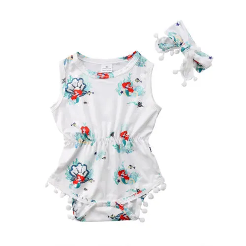 Infant Baby Girls Summer Bodysuit, Cartoon Mermaid Pattern Romper+Headband