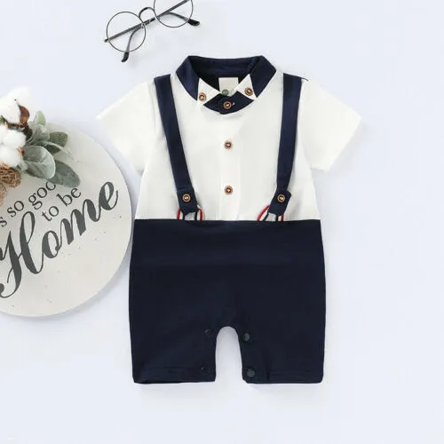 Boys Gentleman Romper, Short Sleeve T-shirt Stitching Shorts Jumpsuit