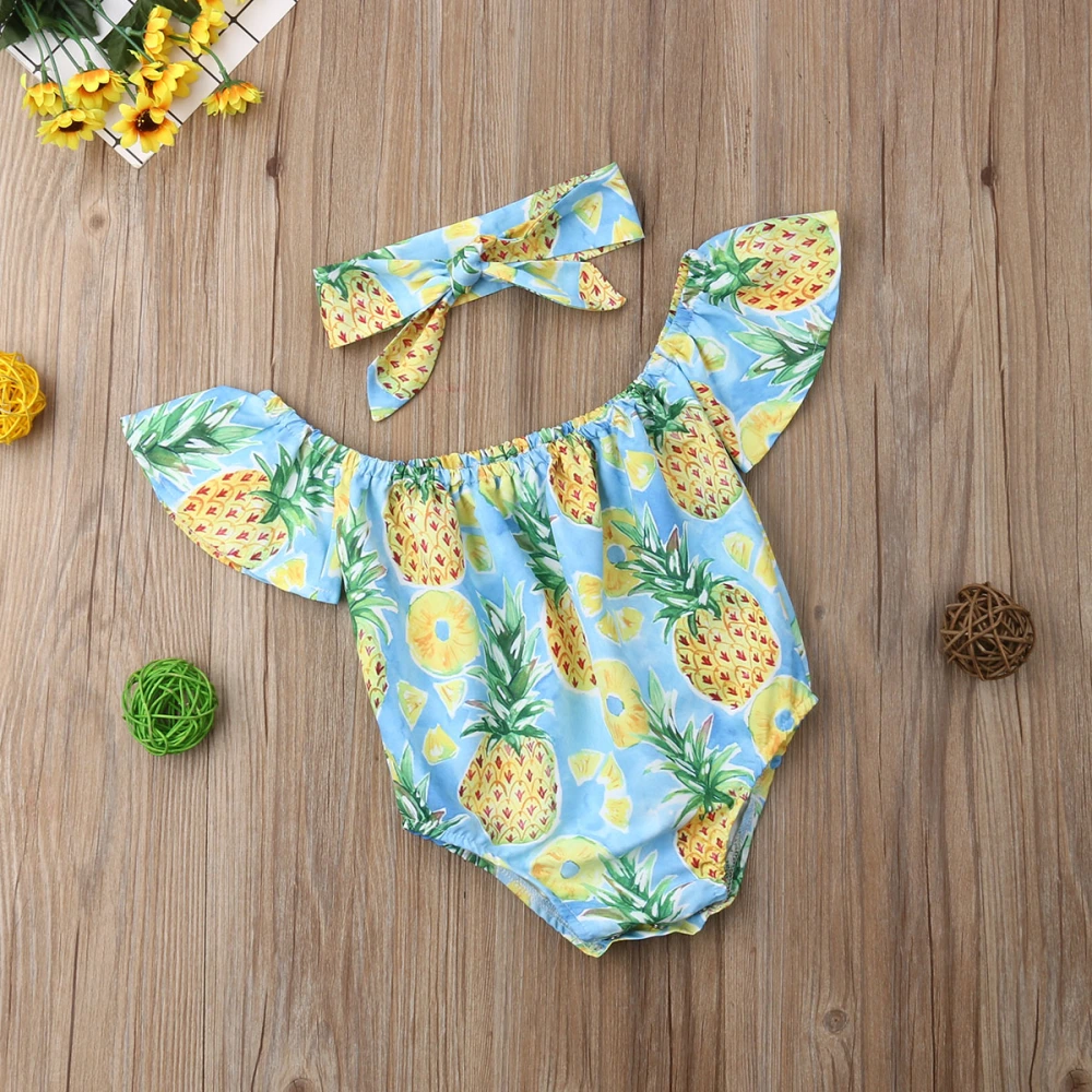 Toddler Summer Romper, Off Shoulder Pineapple Bodysuit+Headband