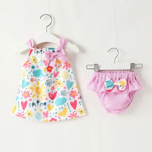 Baby Girls 2PCS Outfit Set,Sling Colorful Printed Tops, Bow Triangle Pants Suit