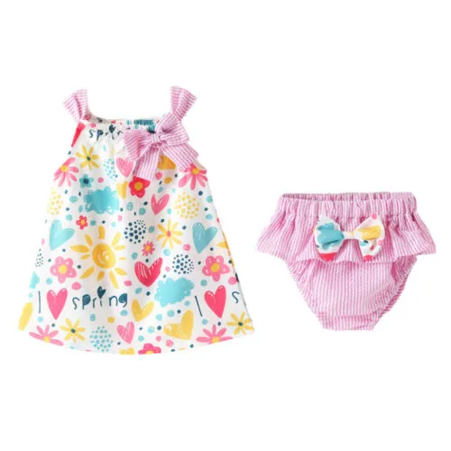 Baby Girls 2PCS Outfit Set,Sling Colorful Printed Tops, Bow Triangle Pants Suit