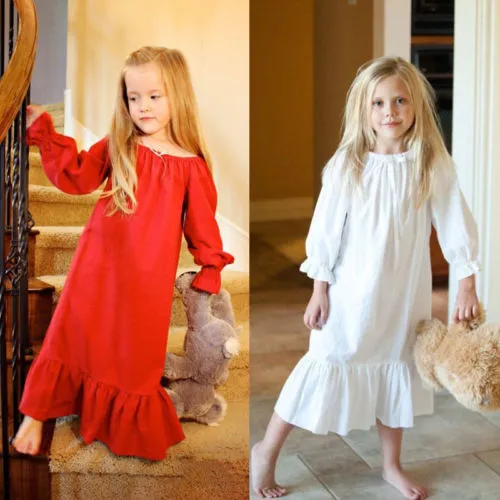 Baby Girls Long Sleeve Dress Round Neck Solid Ruffled Bow Long Dress