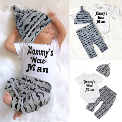 Newborn Summer Baby Boy Suit, Romper Top+Long Pants+Mustache Print Hat