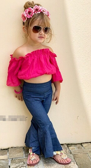 Baby Girl Solid Long Sleeve Drop-Shoulder Ruffle Tops+ Flare Pants