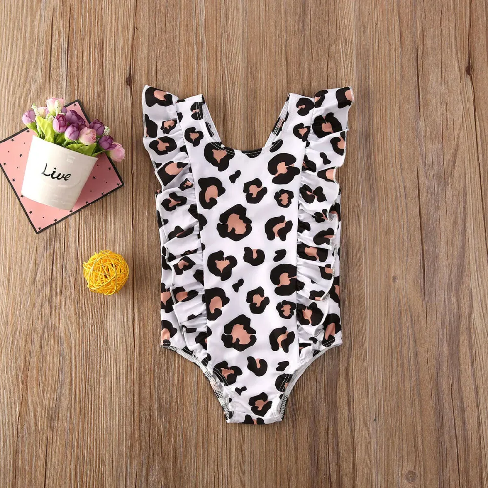 Baby Girl Summer One-piece Swimsuit Leopard Print Sleeveless Ruffles Swimwear