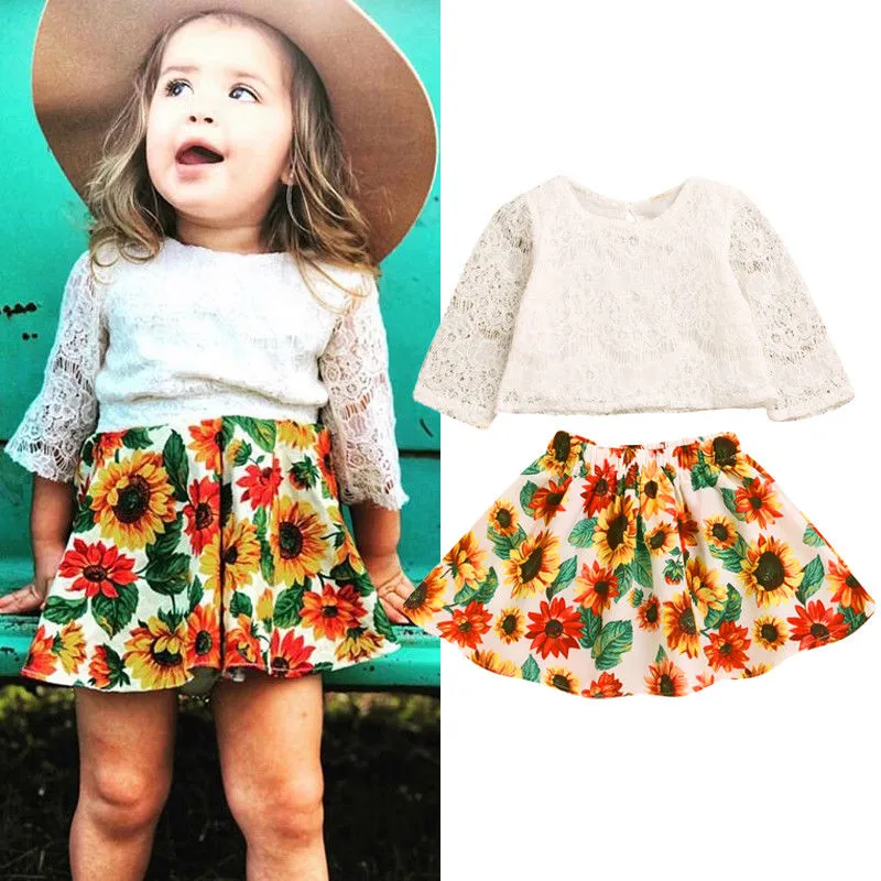 Girl's White Long Sleeve Lace Tops + Sunflower Print Pleated Skirt