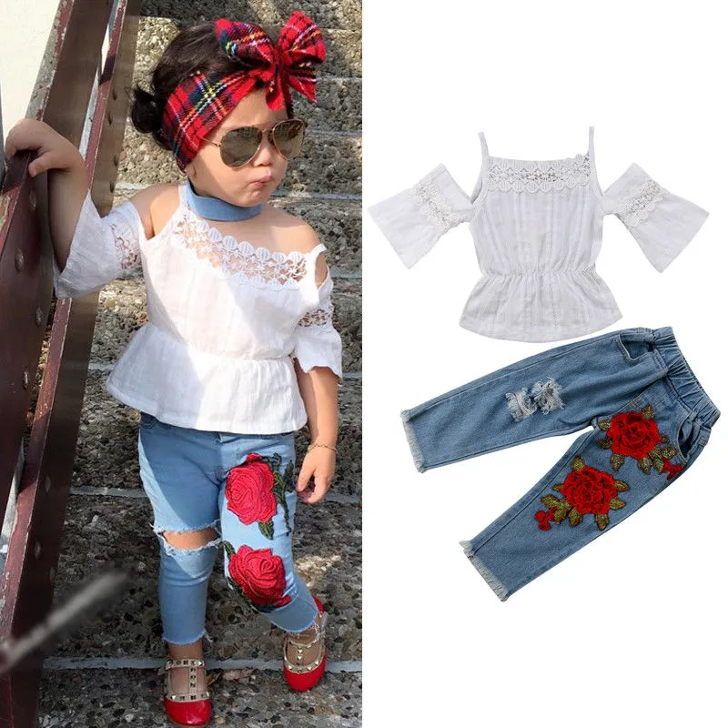 Toddler Girl Off Shoulder Lace Halter T-Shirt + Ripped Denim Pants