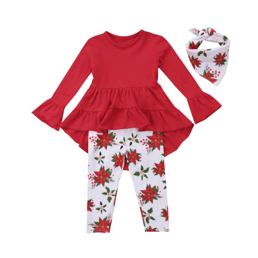 Girl's Solid Color Asymmetrical Tops, Flower Long Pants and Headband