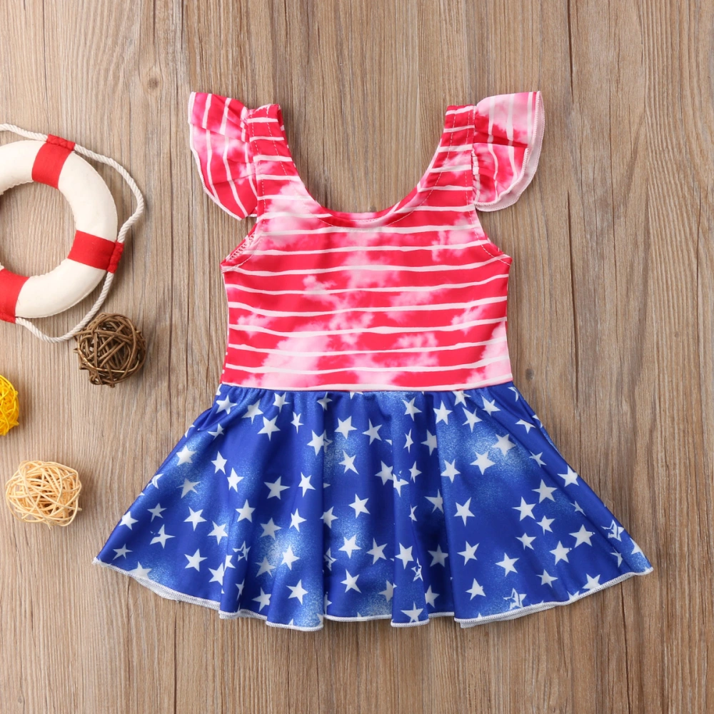 Girls One-piece Swimwear, Flag Stars Striped Bikini, Fly Sleeve Bathing Suit