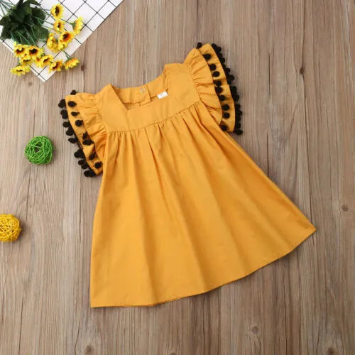 Girls Casual Dress, Tassel Ruffle Sleeve Dress, Solid Color A-line Dress