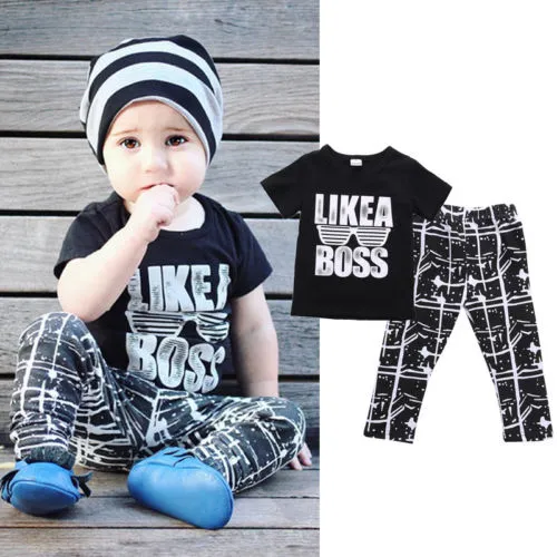 Toddler Short Sleeve Long Pants Suit, Infant Letter Printing Cotton Clothing