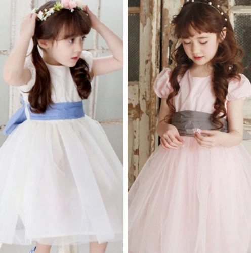 Girl's Dress, Color Block Short Sleeve Back Zipper Bowknot Tulle Dress