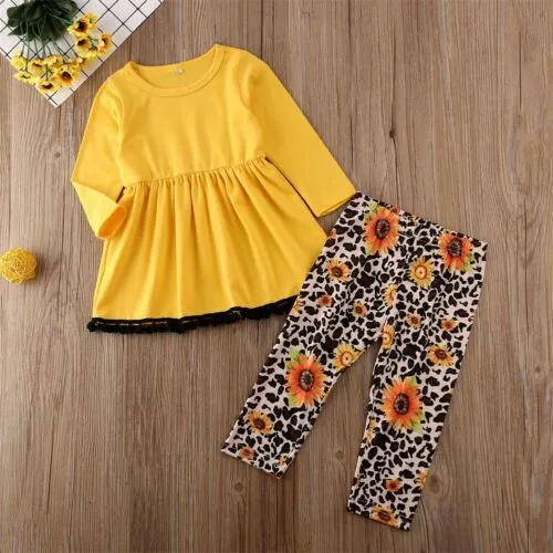 Girls 2Pcs Autumn Outfits, Flare Dress Tops + Sunflower Print Pants Sets