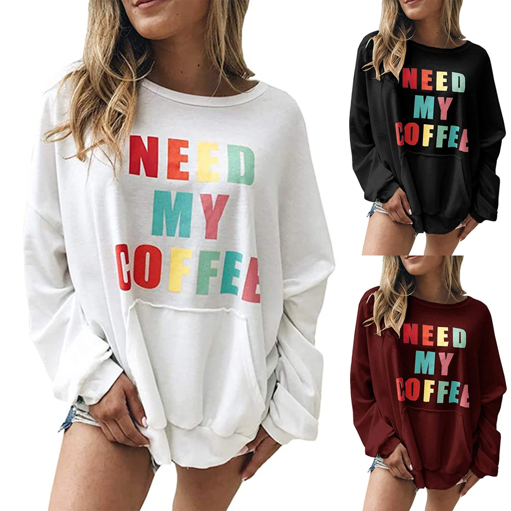 Women Long Sleeve Letter Print Sweater, Long Sleeve Round Neck Pocket Top